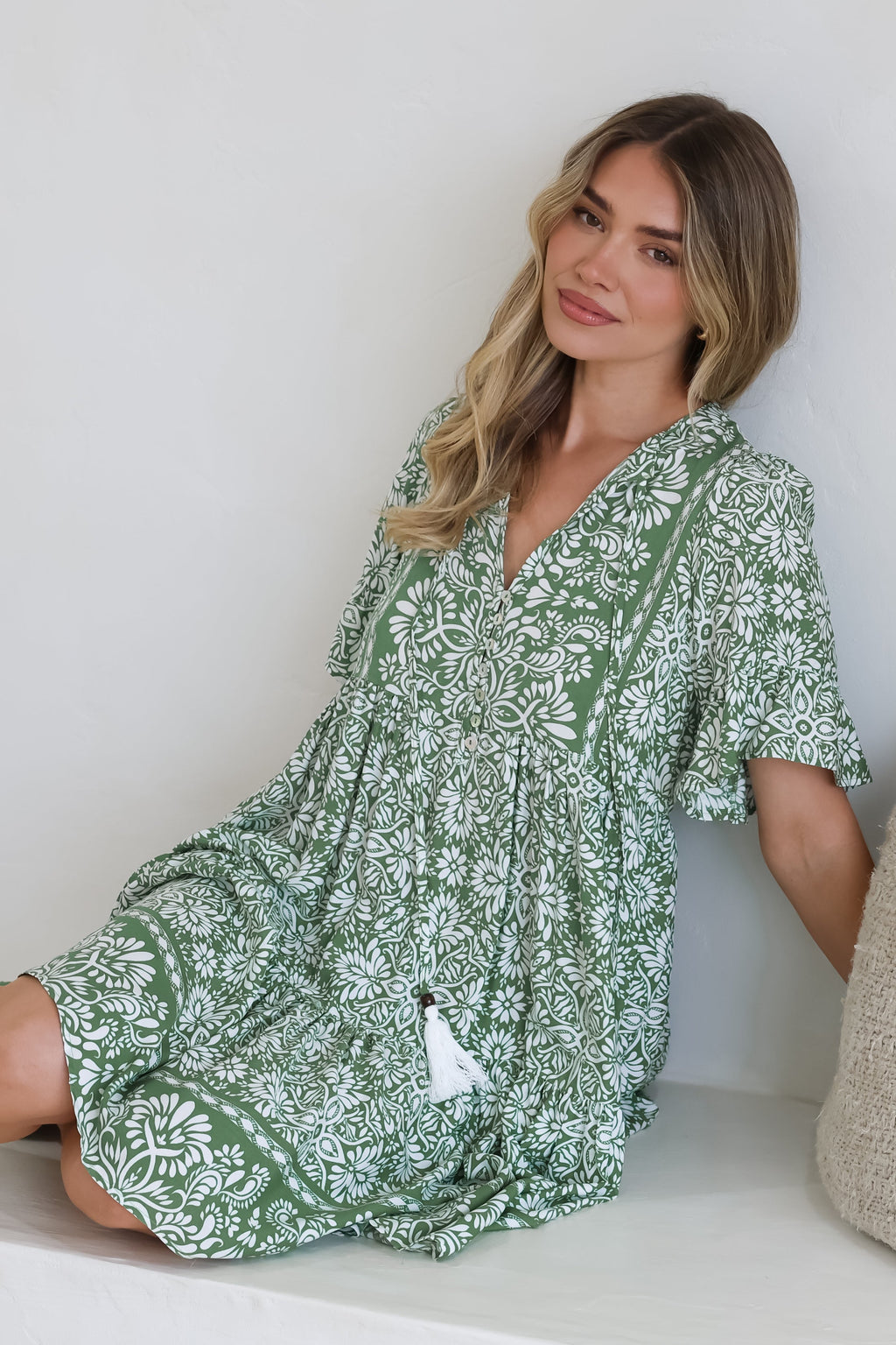 Mini Dress - Mandarin Collar Smock Dress