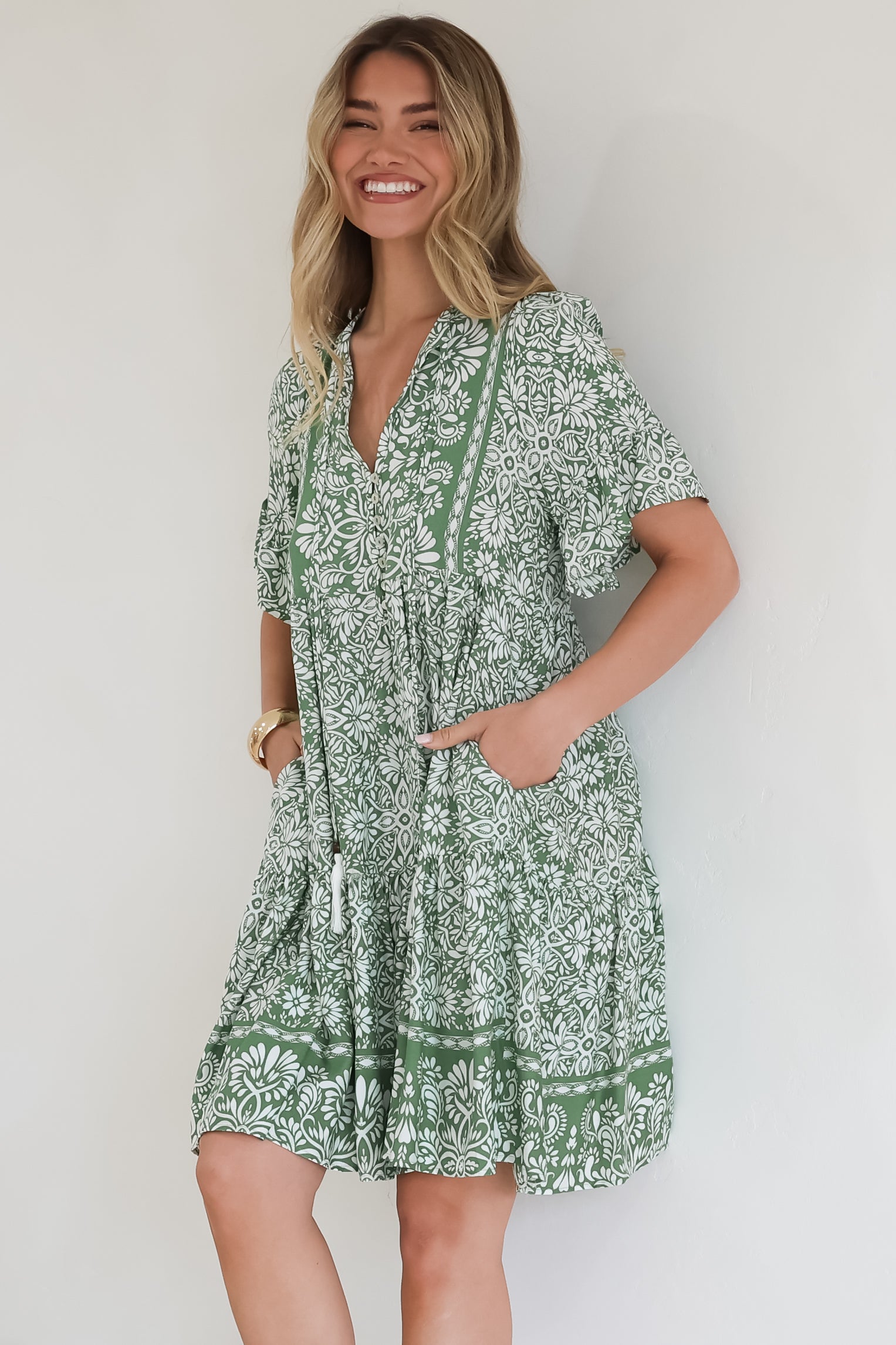 Mini Dress - Mandarin Collar Smock Dress