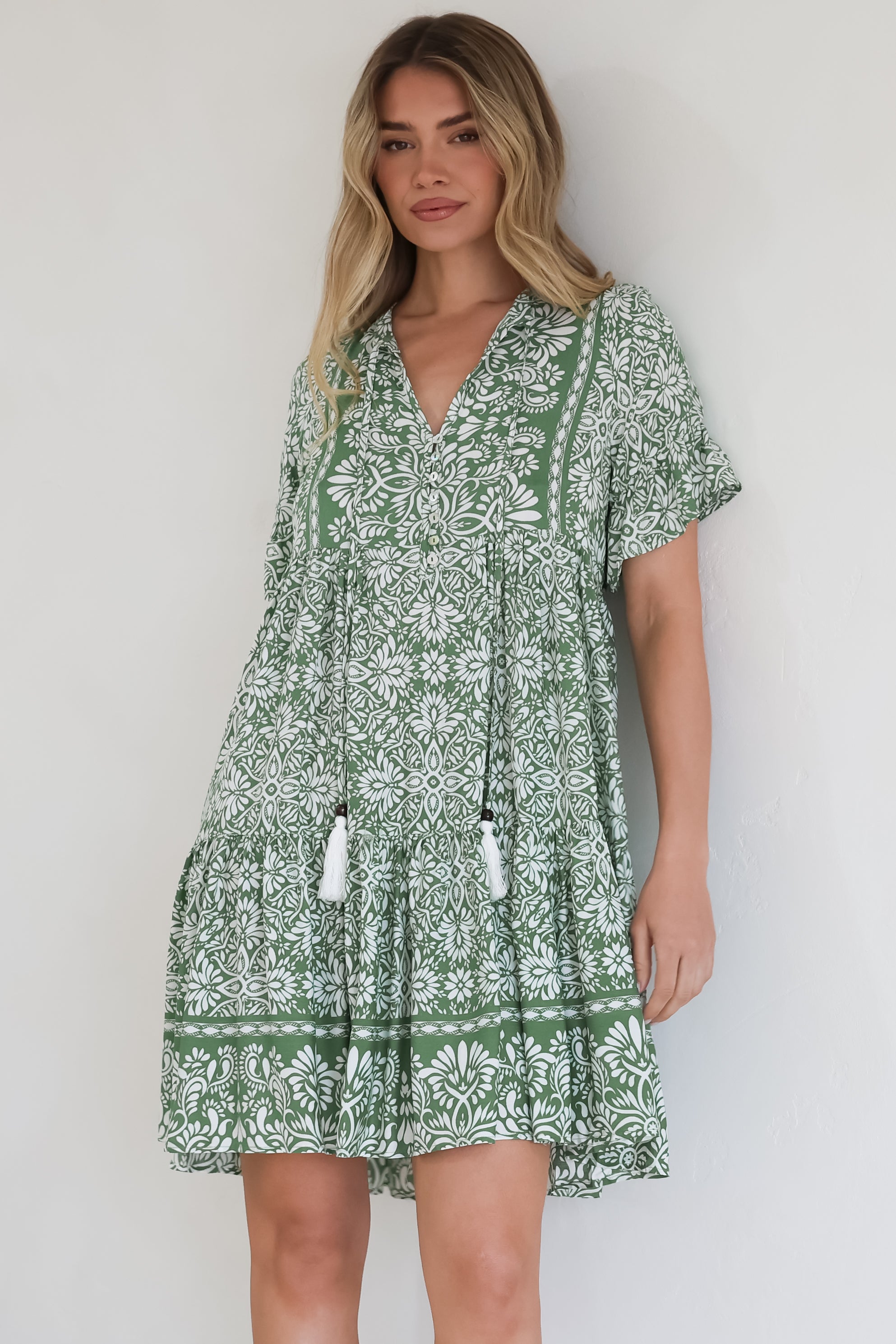 Mini Dress - Mandarin Collar Smock Dress