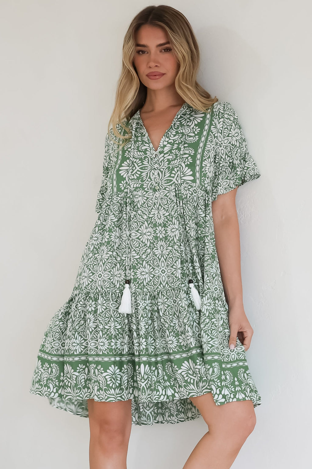 Mini Dress - Mandarin Collar Smock Dress