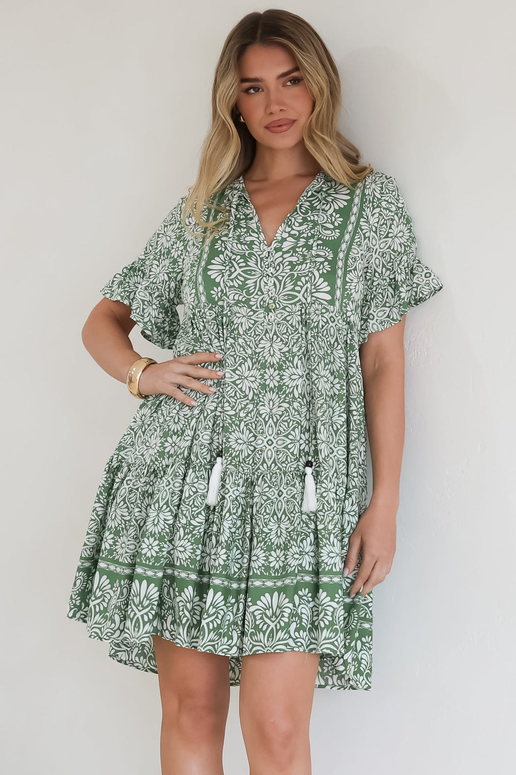 Mini Dress - Mandarin Collar Smock Dress