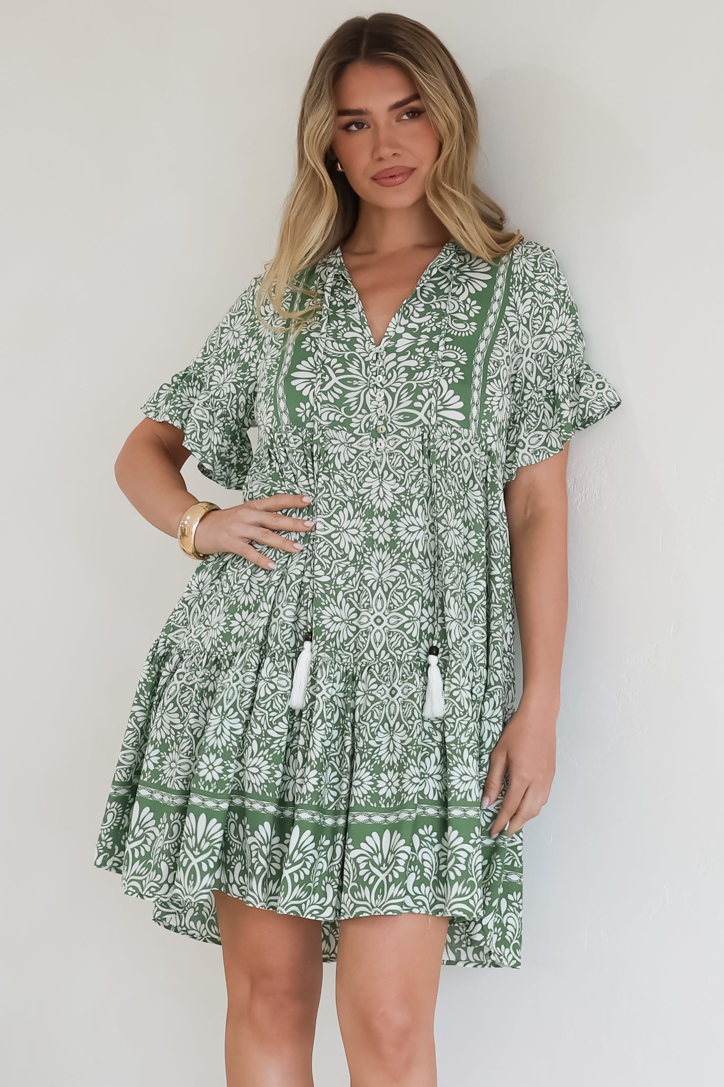 Mini Dress - Mandarin Collar Smock Dress