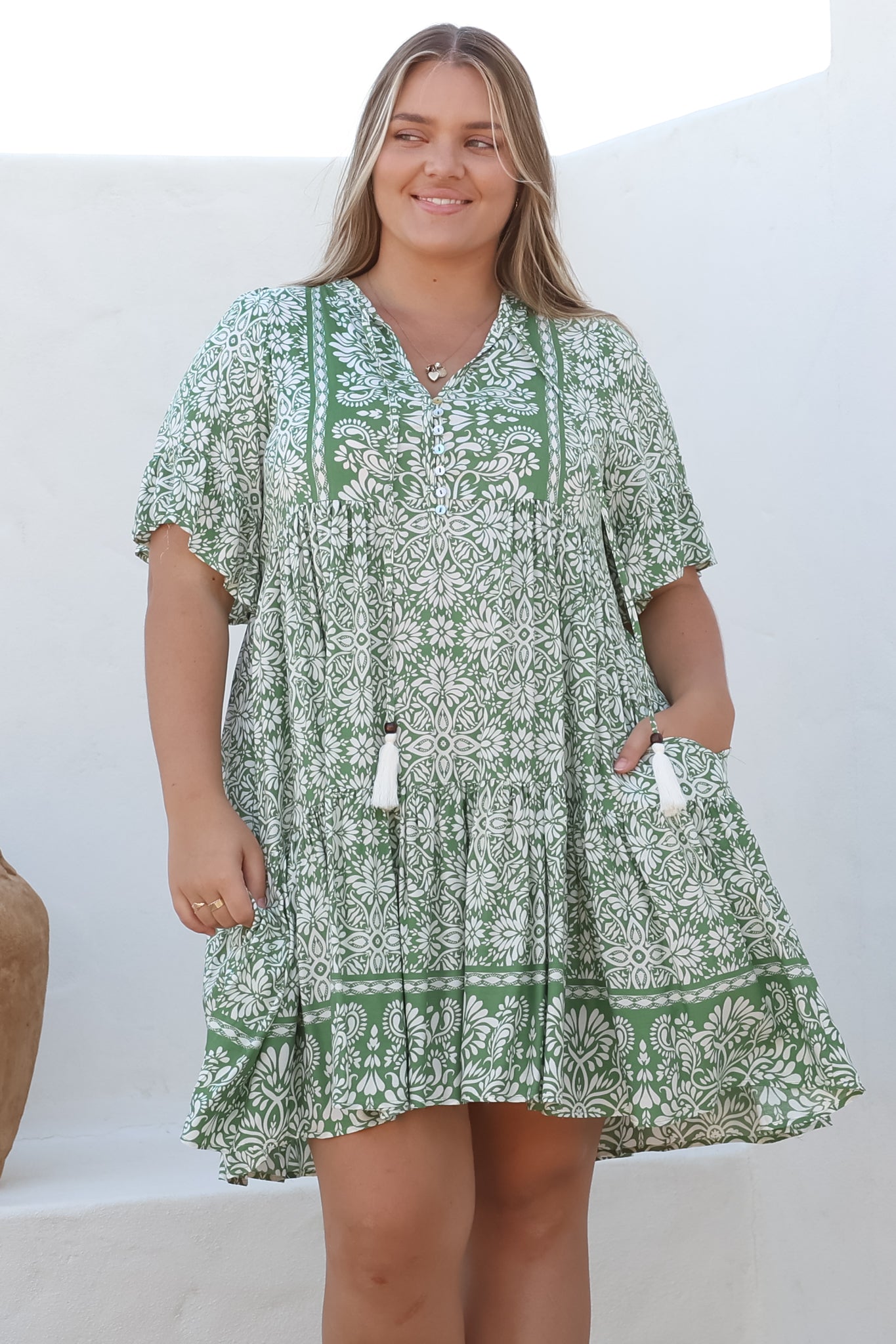 Mini Dress - Mandarin Collar Smock Dress