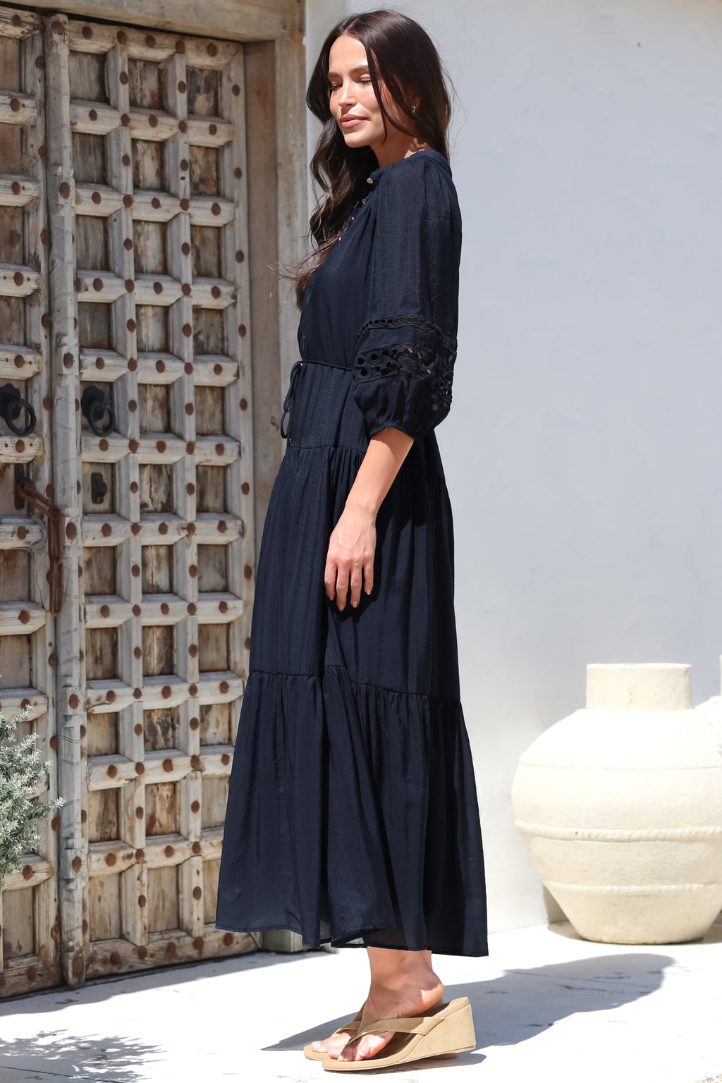 Maxi Dress - Mandarin Collar Tiered Dress