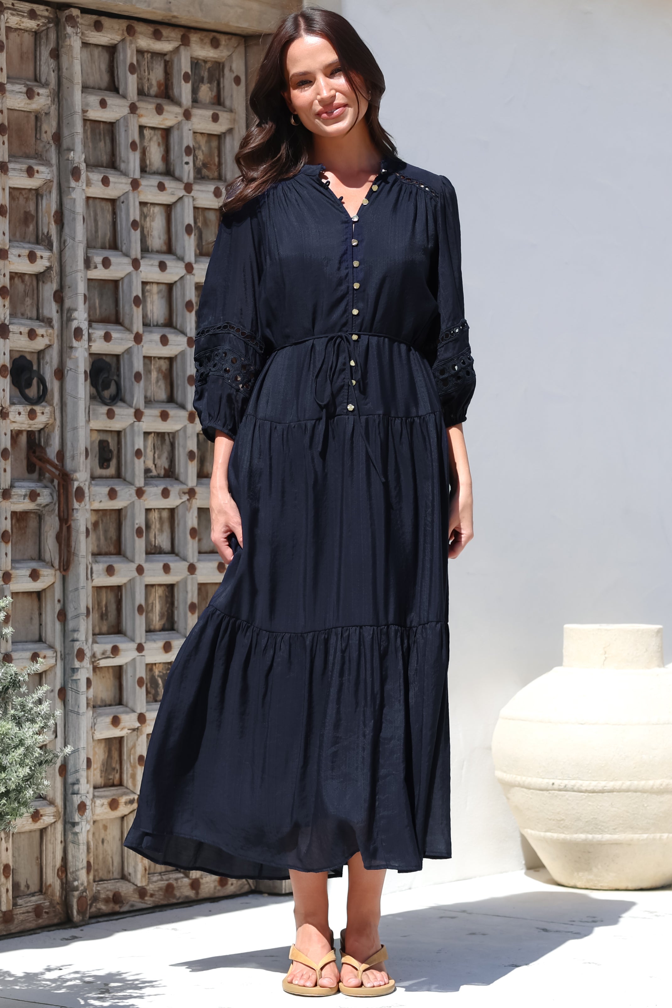 Maxi Dress - Mandarin Collar Tiered Dress