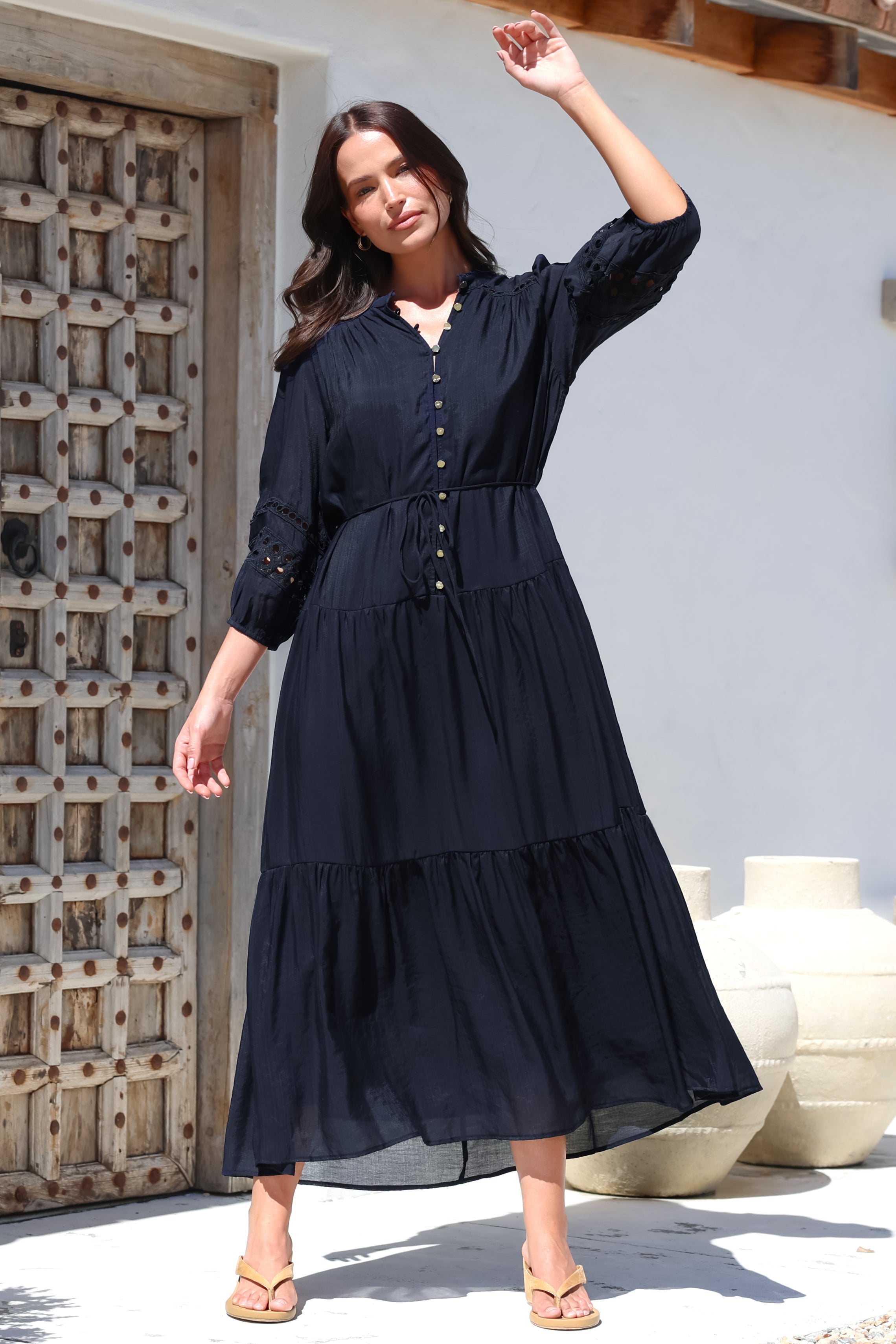 Maxi Dress - Mandarin Collar Tiered Dress