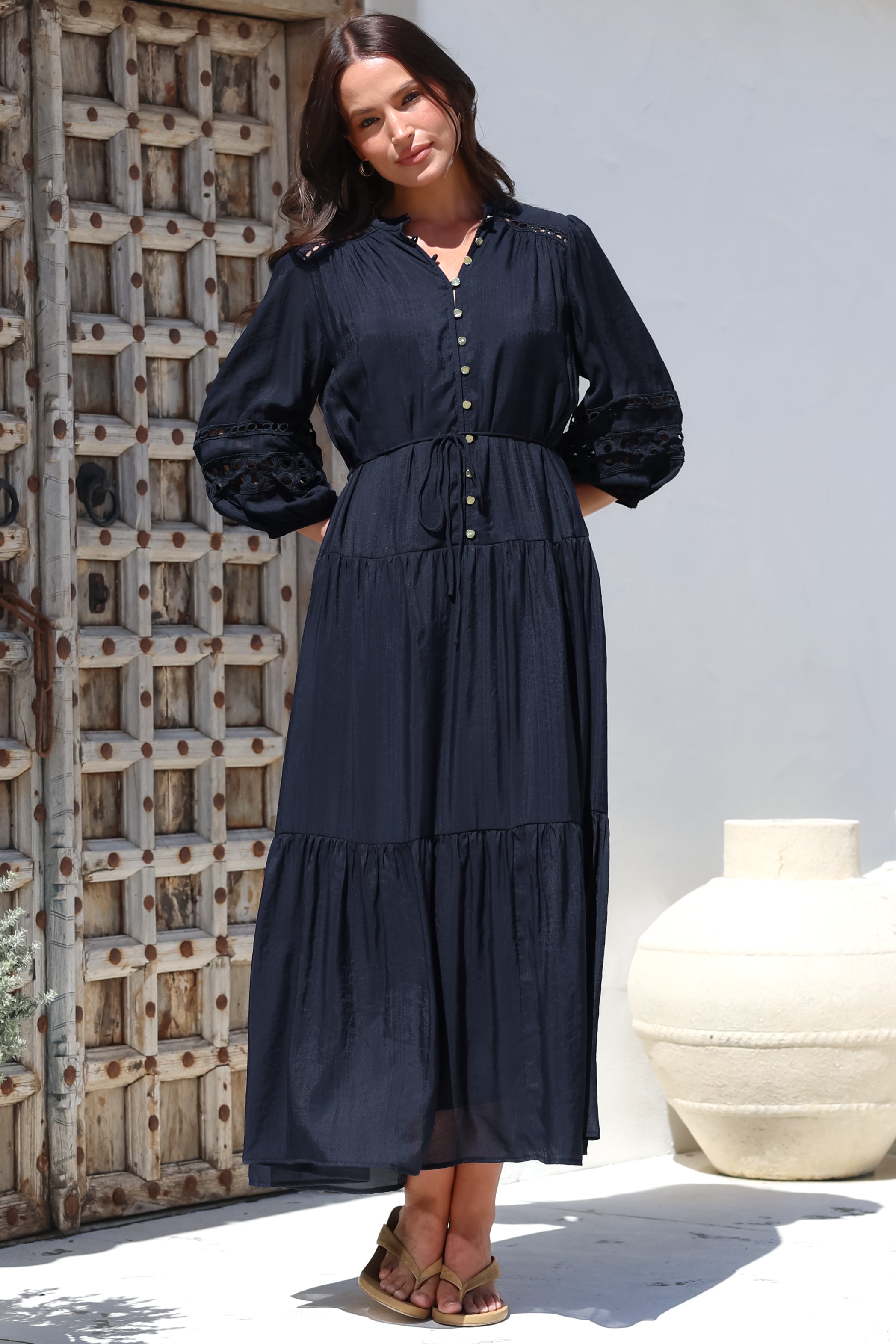 Maxi Dress - Mandarin Collar Tiered Dress