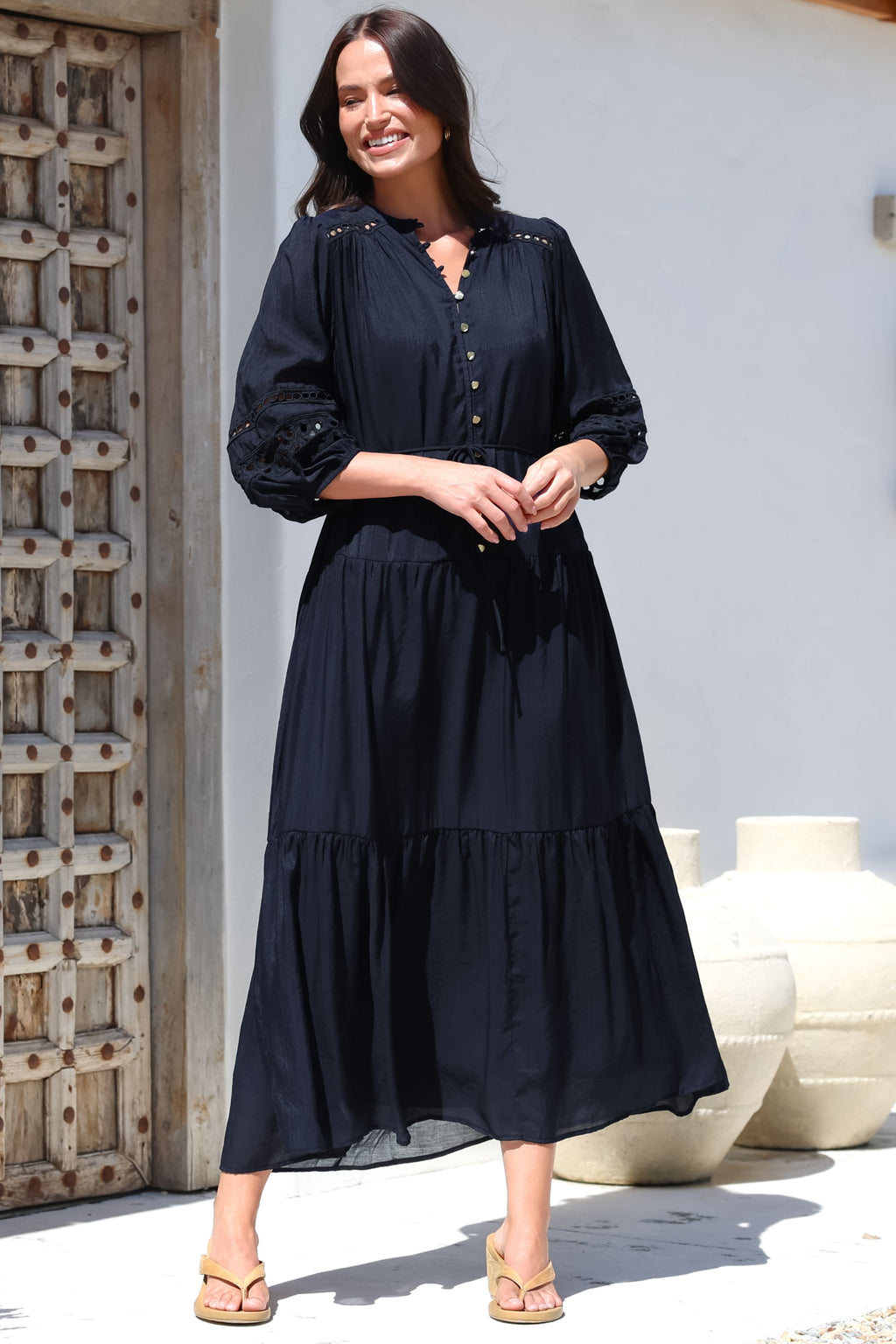 Maxi Dress - Mandarin Collar Tiered Dress