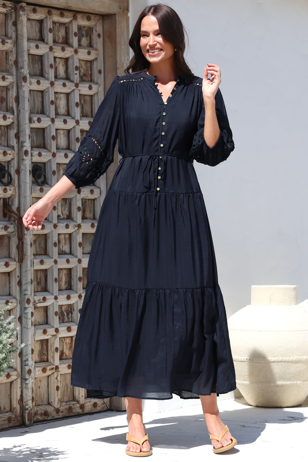 Maxi Dress - Mandarin Collar Tiered Dress