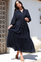 Maxi Dress - Mandarin Collar Tiered Dress