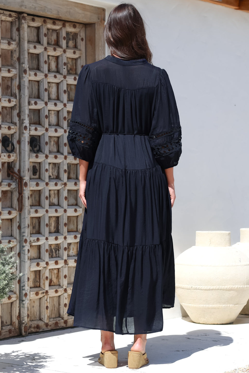 Maxi Dress - Mandarin Collar Tiered Dress