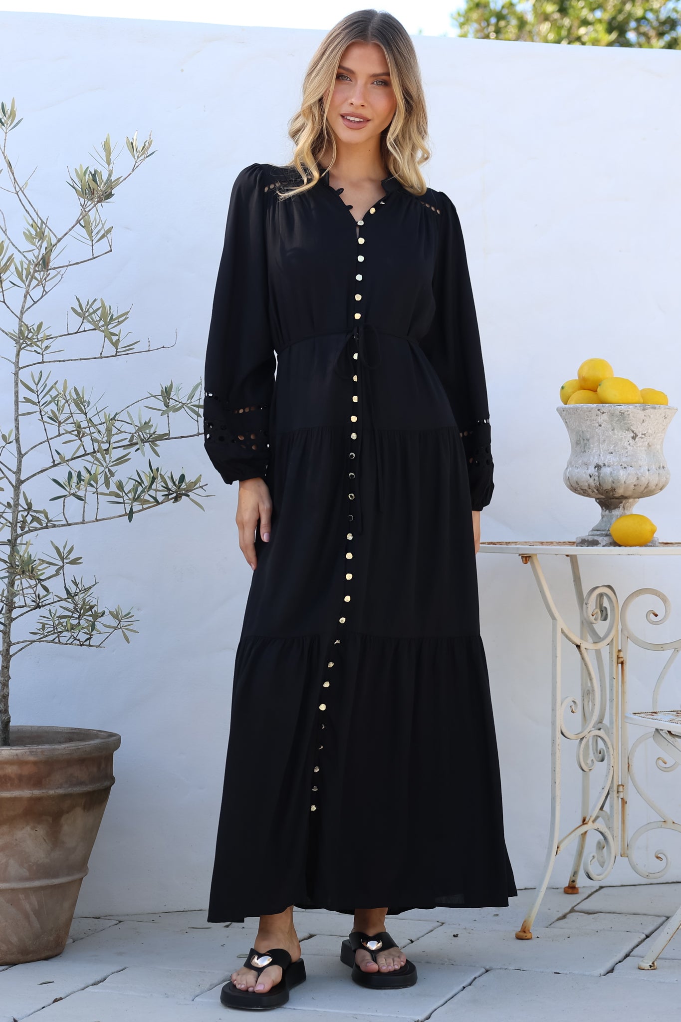 Maxi Dress - Mandarin Collar Button Down
