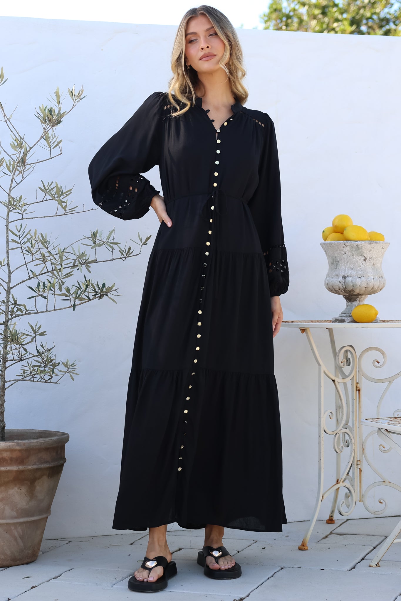Maxi Dress - Mandarin Collar Button Down