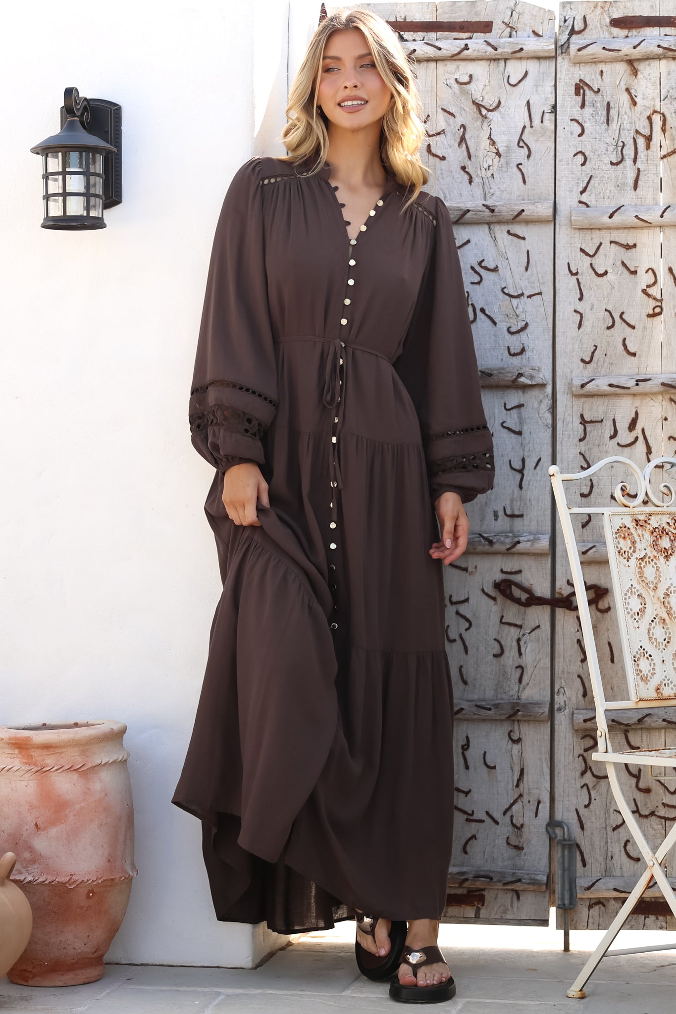 Maxi Dress - Mandarin Collar Button Down with Detachable Waist