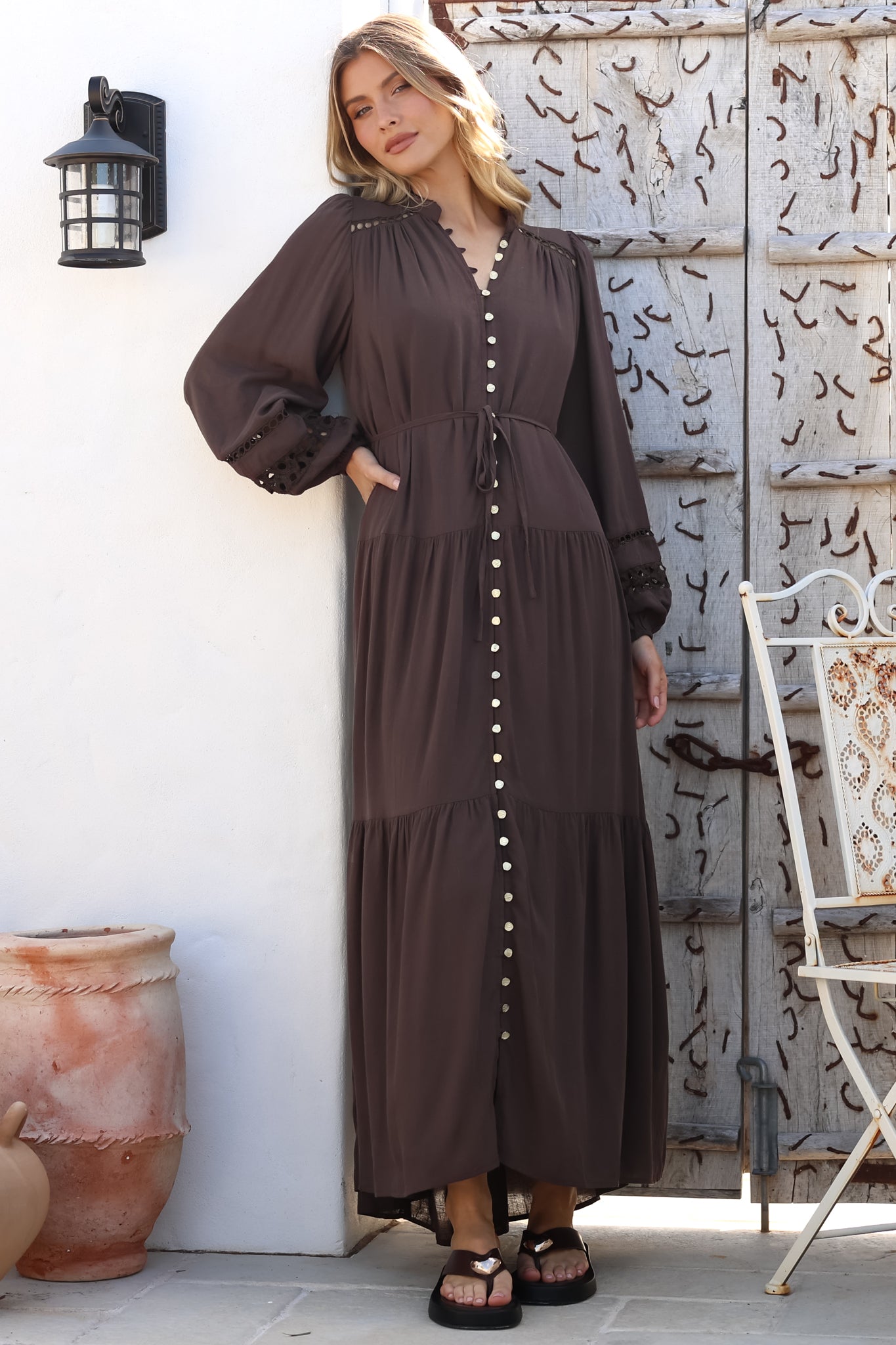 Maxi Dress - Mandarin Collar Button Down with Detachable Waist