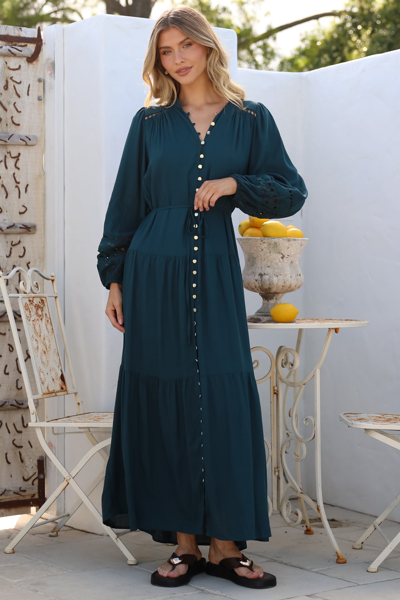 Maxi Dress Mandarin Collar Button Down with Detachable Waist