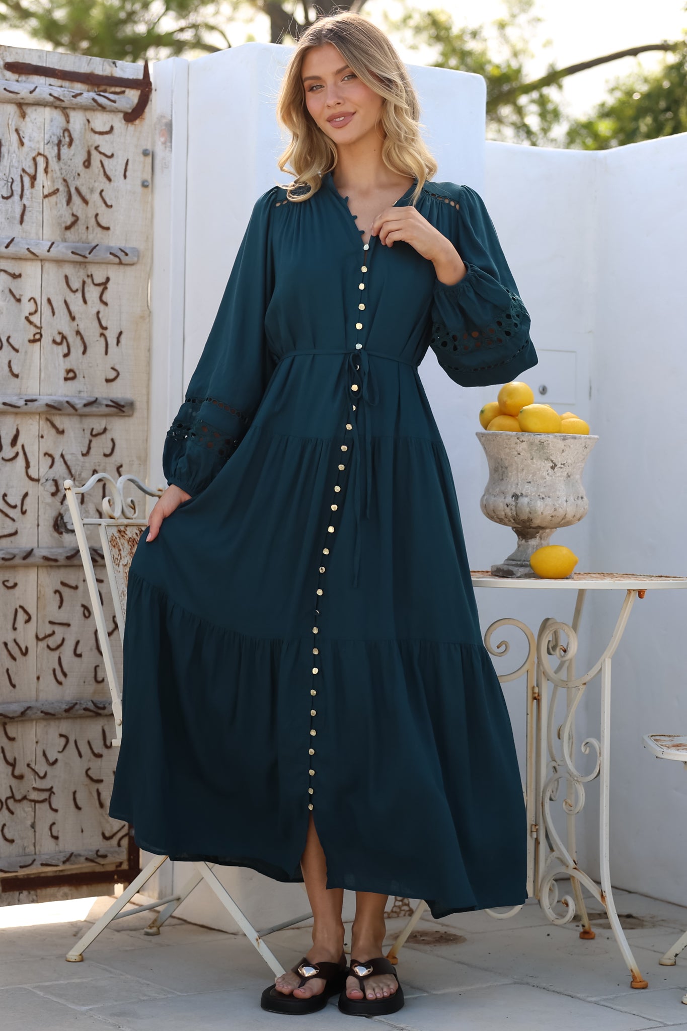 Maxi Dress Mandarin Collar Button Down with Detachable Waist