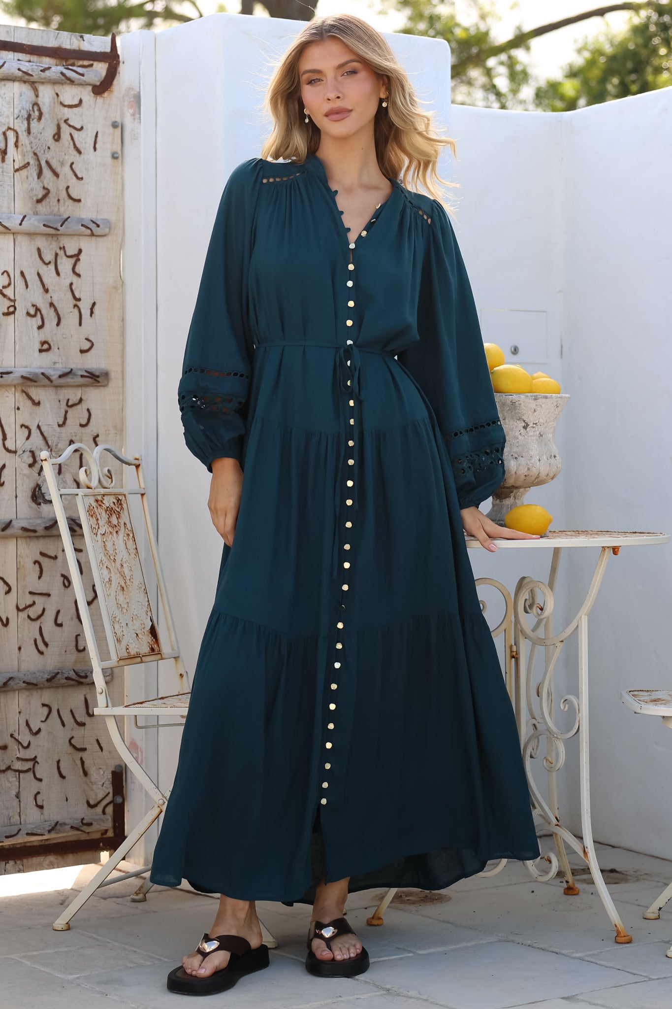 Maxi Dress Mandarin Collar Button Down with Detachable Waist
