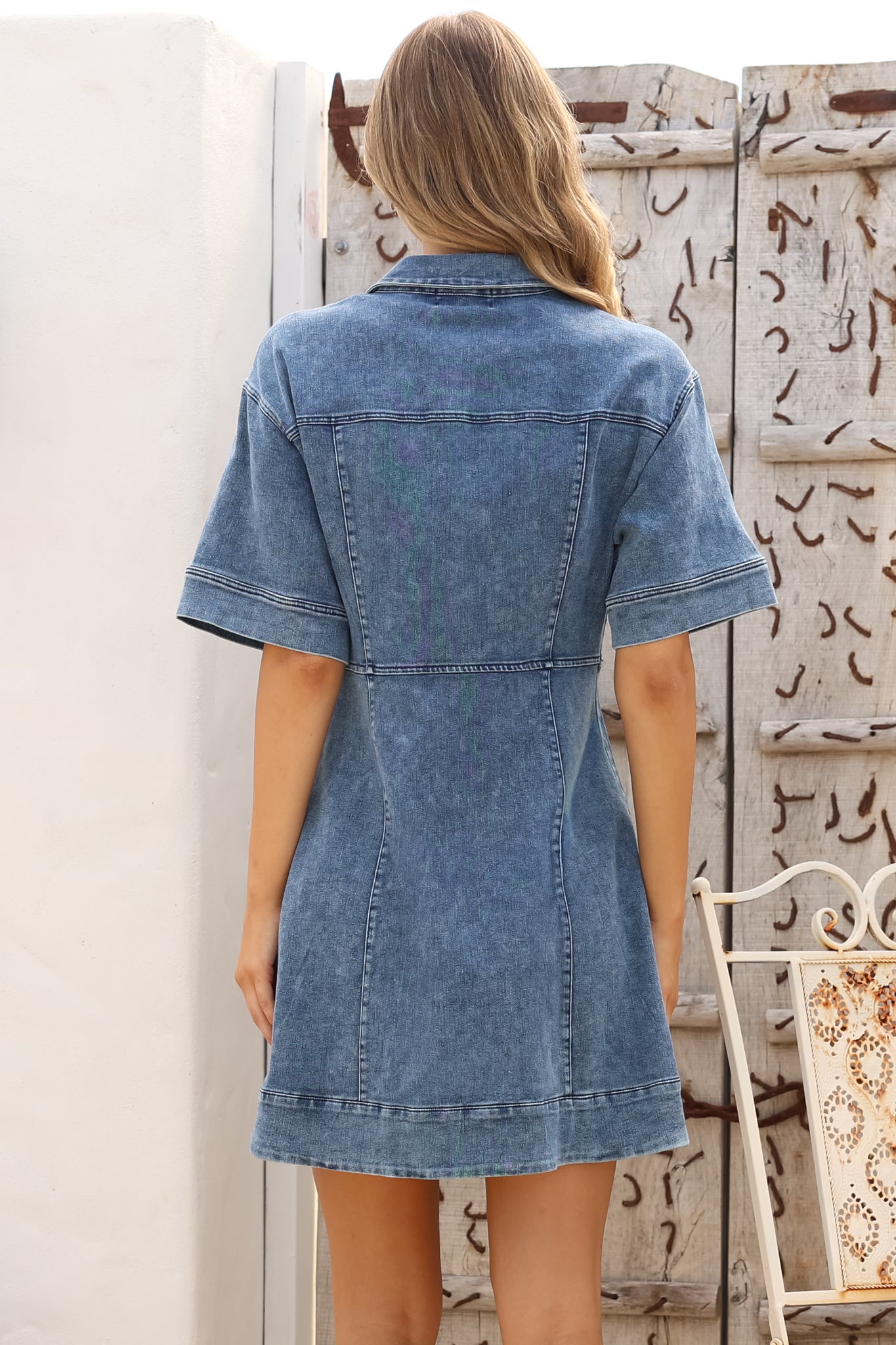 Mini Dress - Collared Button Down Short Sleeve Dress