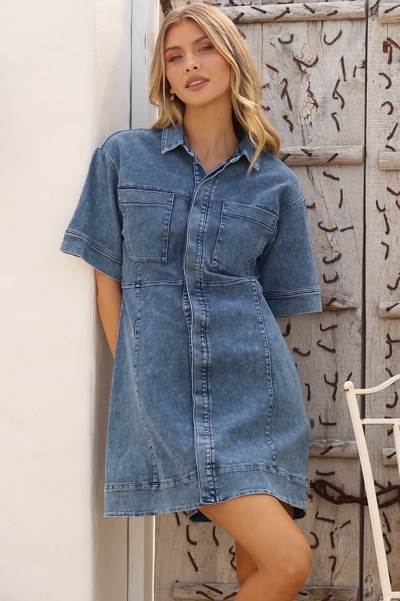 Mini Dress - Collared Button Down Short Sleeve Dress