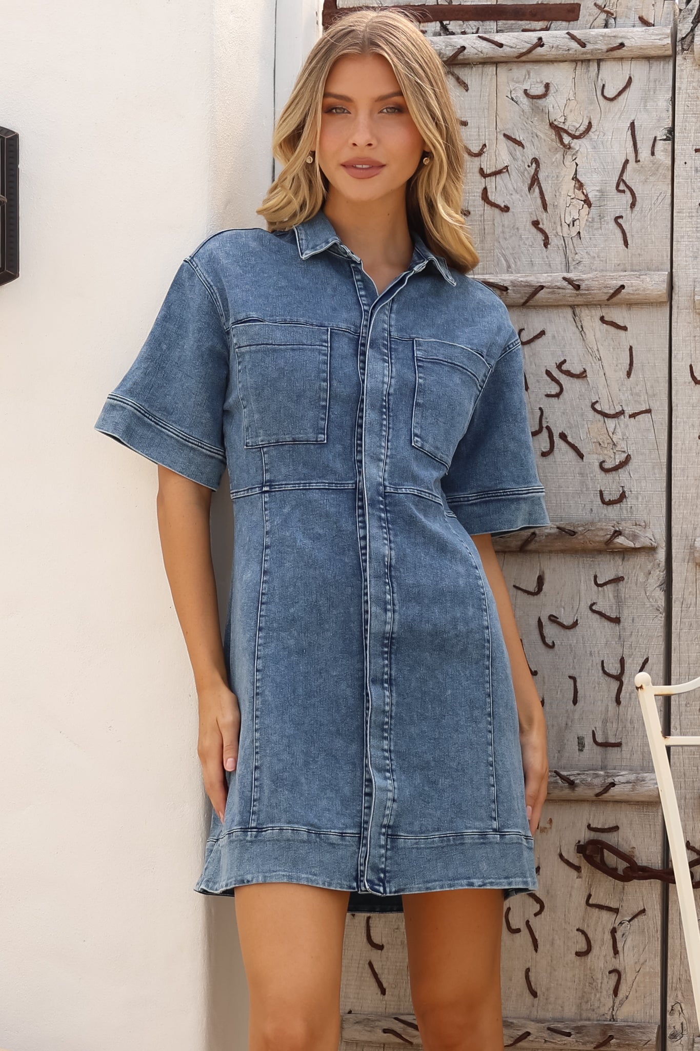 Mini Dress - Collared Button Down Short Sleeve Dress