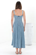 Midi Dress - Adjustable Strap A-Line Denim Sun Dress