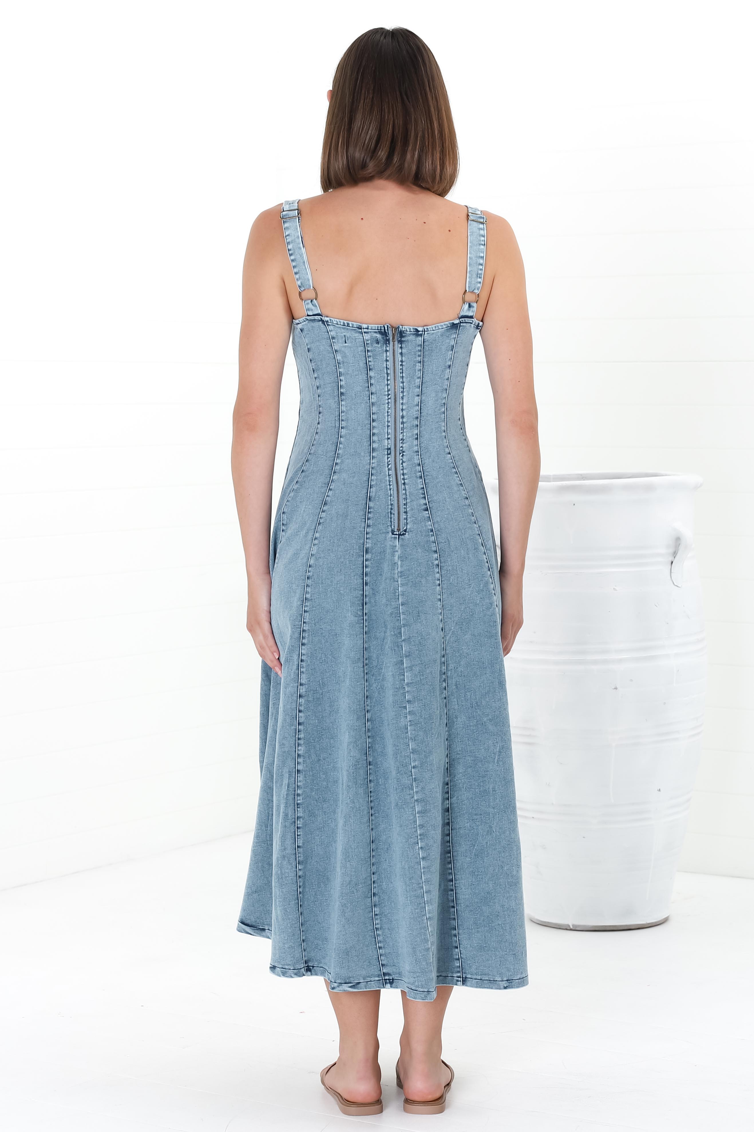 Midi Dress - Adjustable Strap A-Line Denim Sun Dress