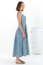 Midi Dress - Adjustable Strap A-Line Denim Sun Dress