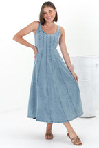 Midi Dress - Adjustable Strap A-Line Denim Sun Dress