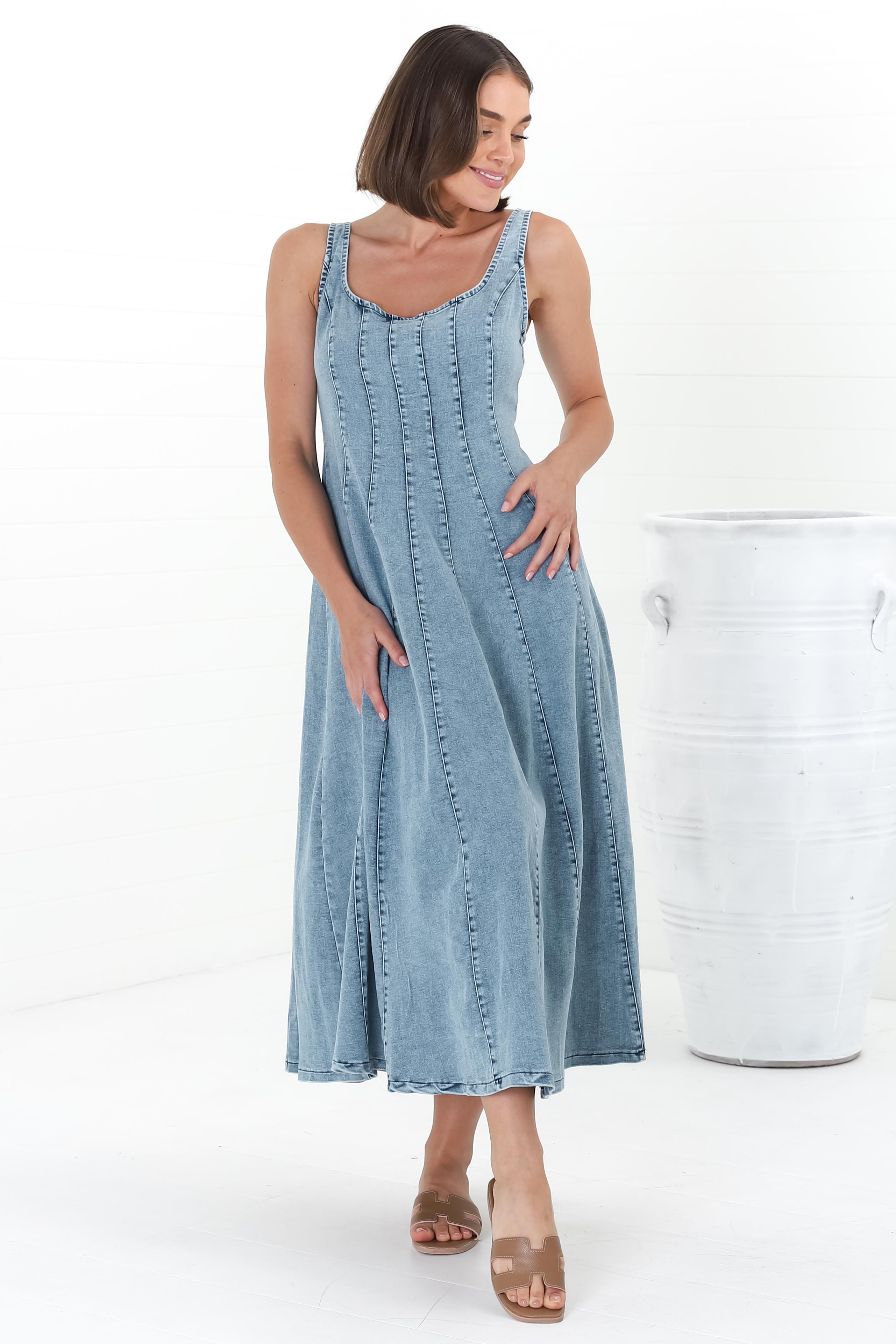 Midi Dress - Adjustable Strap A-Line Denim Sun Dress