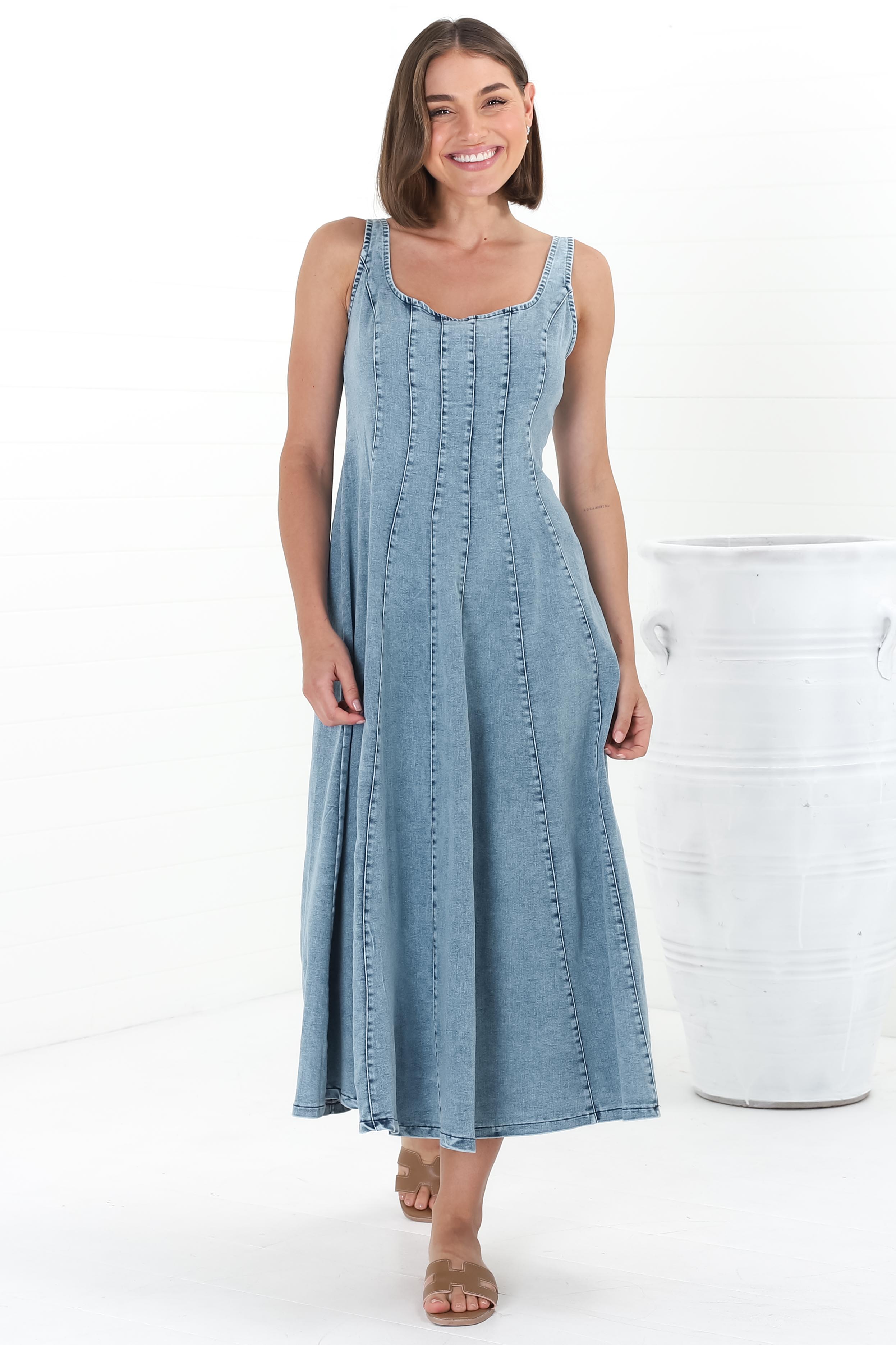 Midi Dress - Adjustable Strap A-Line Denim Sun Dress