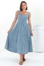 Midi Dress - Adjustable Strap A-Line Denim Sun Dress
