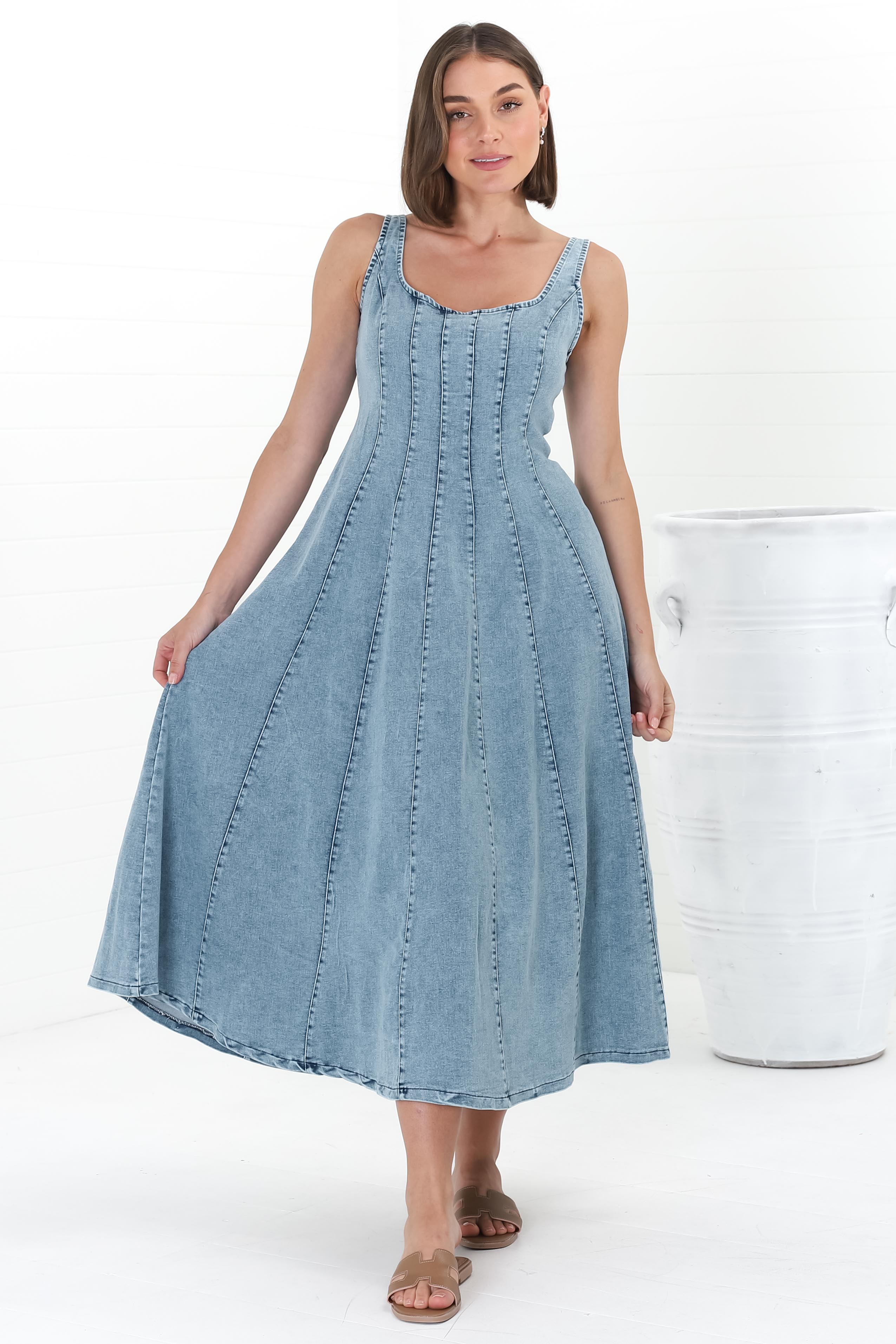 Midi Dress - Adjustable Strap A-Line Denim Sun Dress