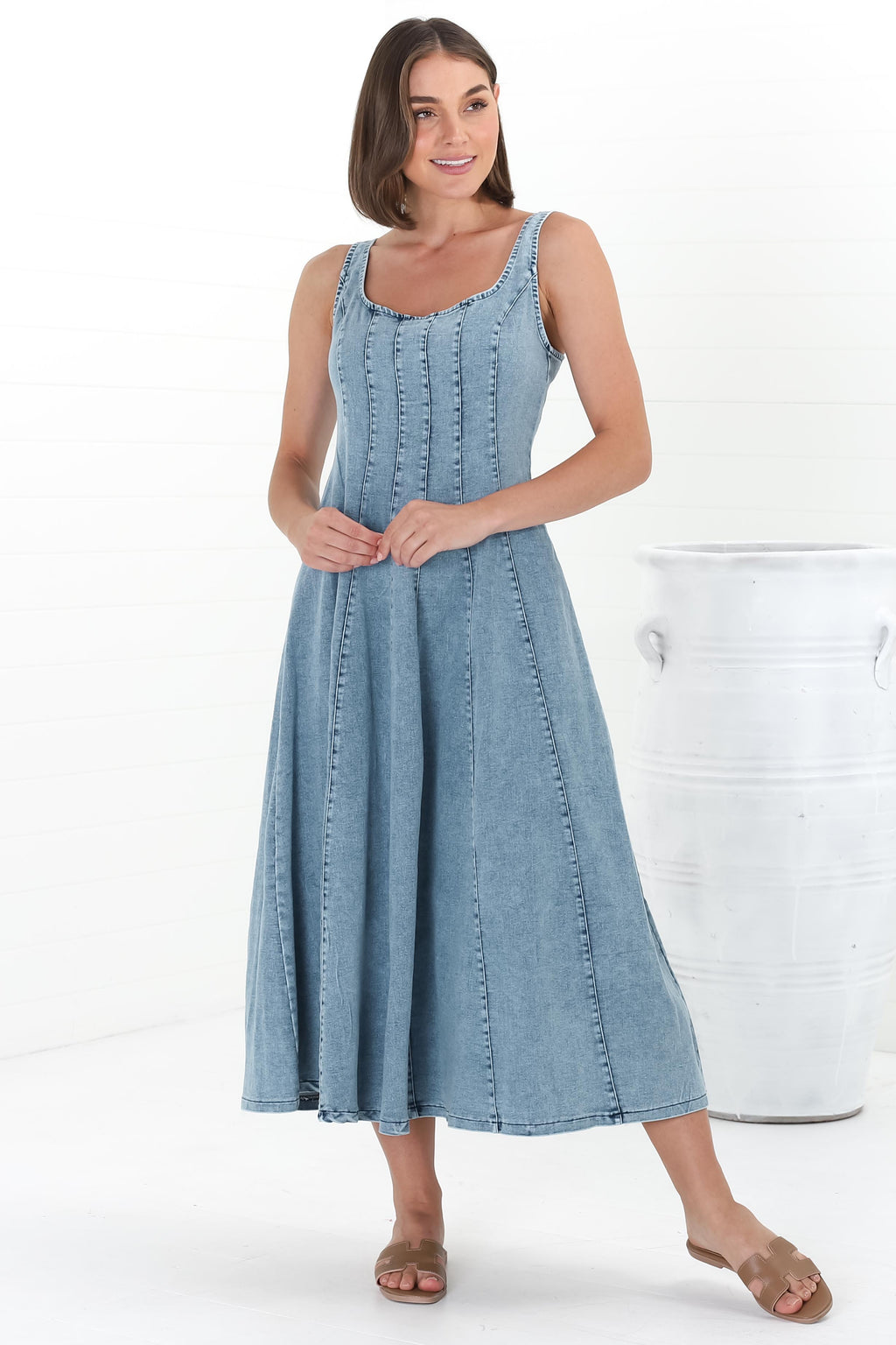 Midi Dress - Adjustable Strap A-Line Denim Sun Dress