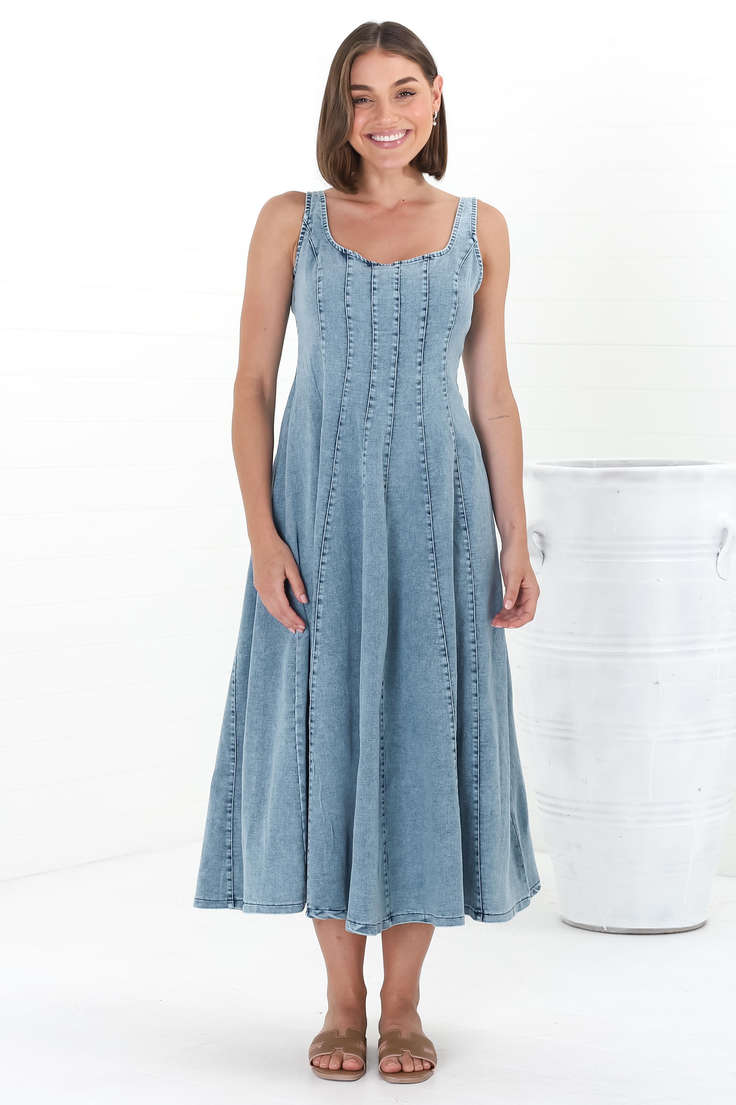 Midi Dress - Adjustable Strap A-Line Denim Sun Dress