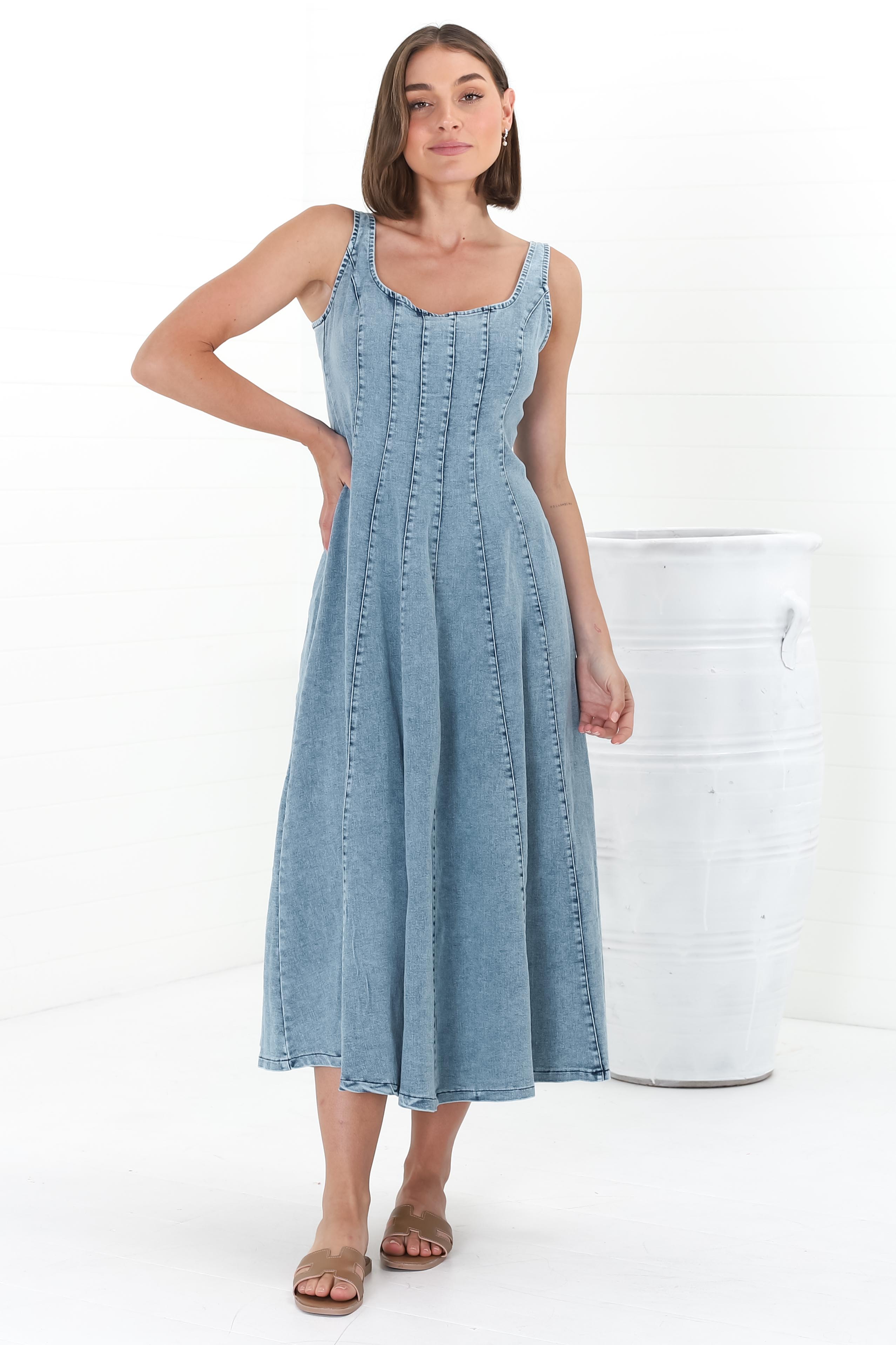 Midi Dress - Adjustable Strap A-Line Denim Sun Dress