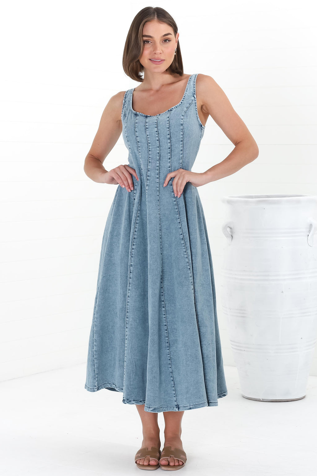 Midi Dress - Adjustable Strap A-Line Denim Sun Dress