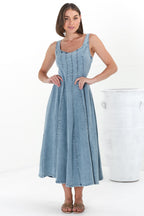 Midi Dress - Adjustable Strap A-Line Denim Sun Dress