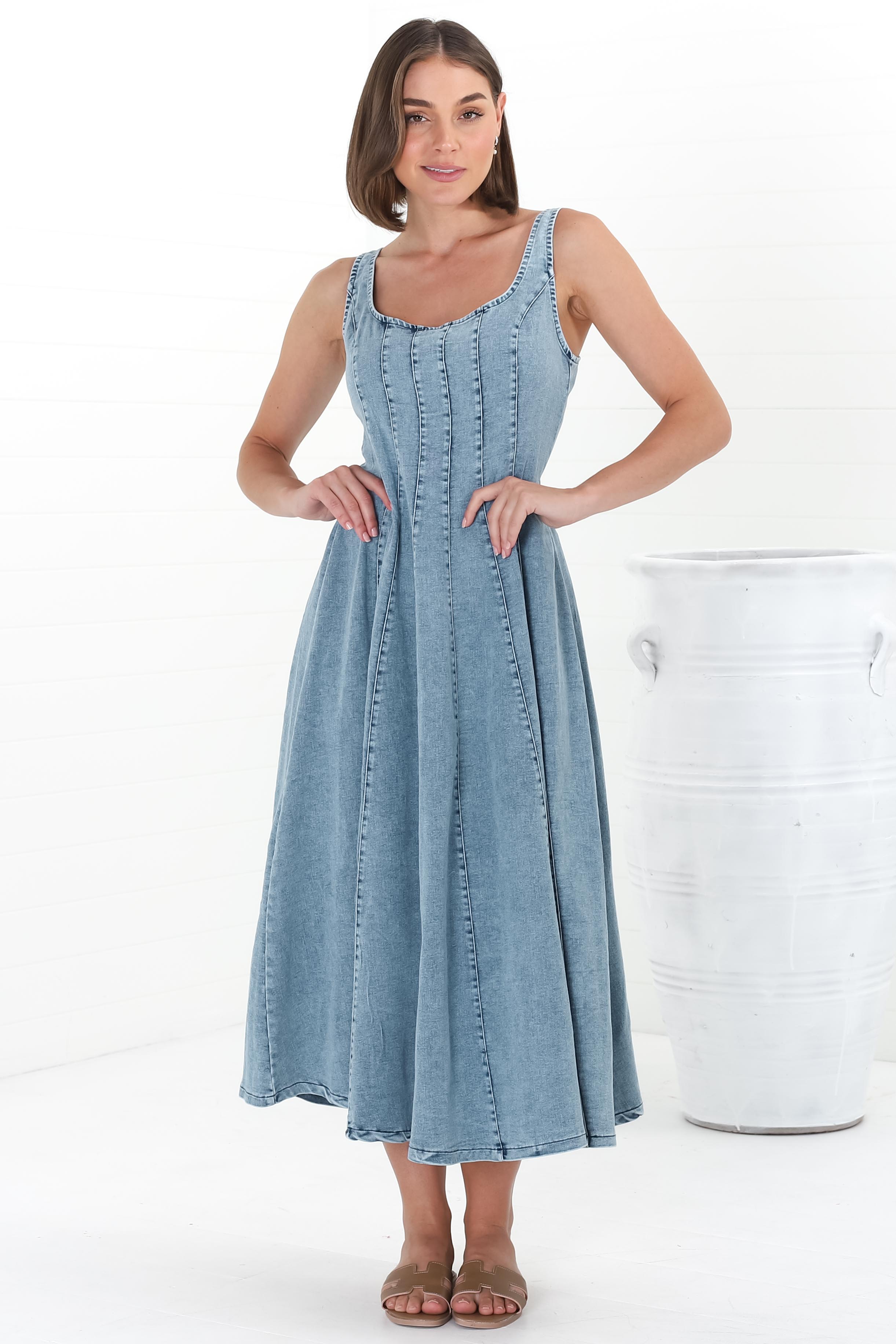 Midi Dress - Adjustable Strap A-Line Denim Sun Dress