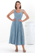 Midi Dress - Adjustable Strap A-Line Denim Sun Dress