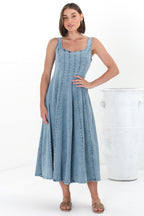 Midi Dress - Adjustable Strap A-Line Denim Sun Dress