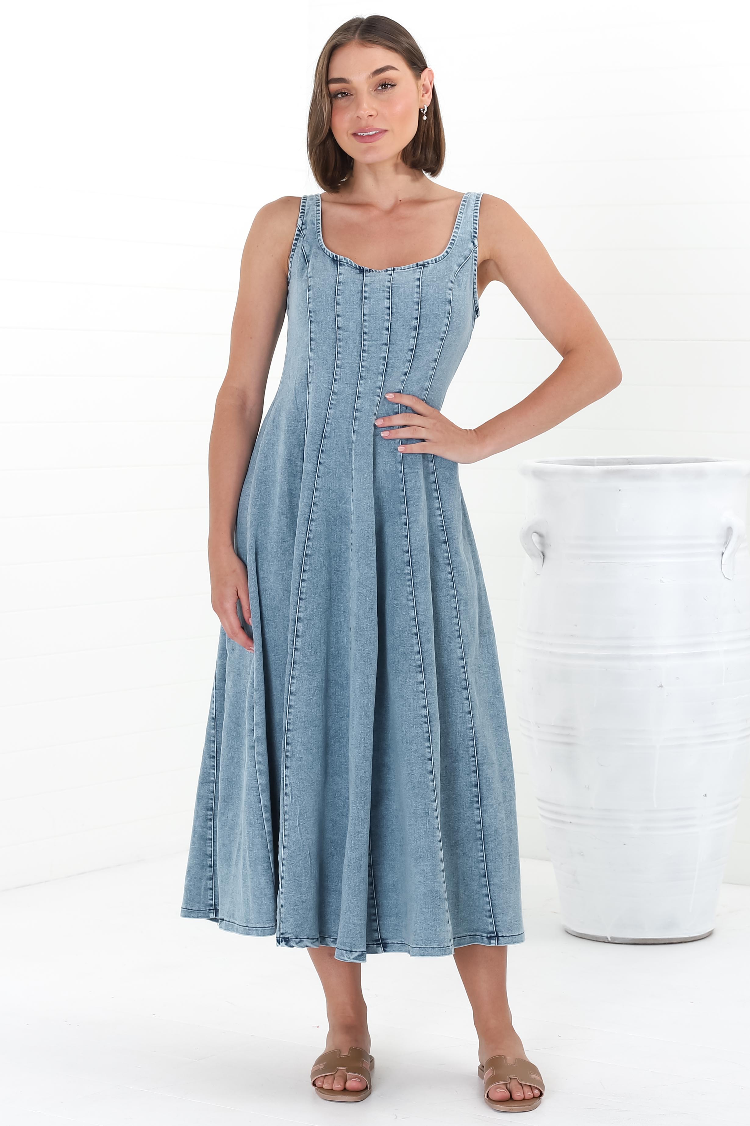 Midi Dress - Adjustable Strap A-Line Denim Sun Dress
