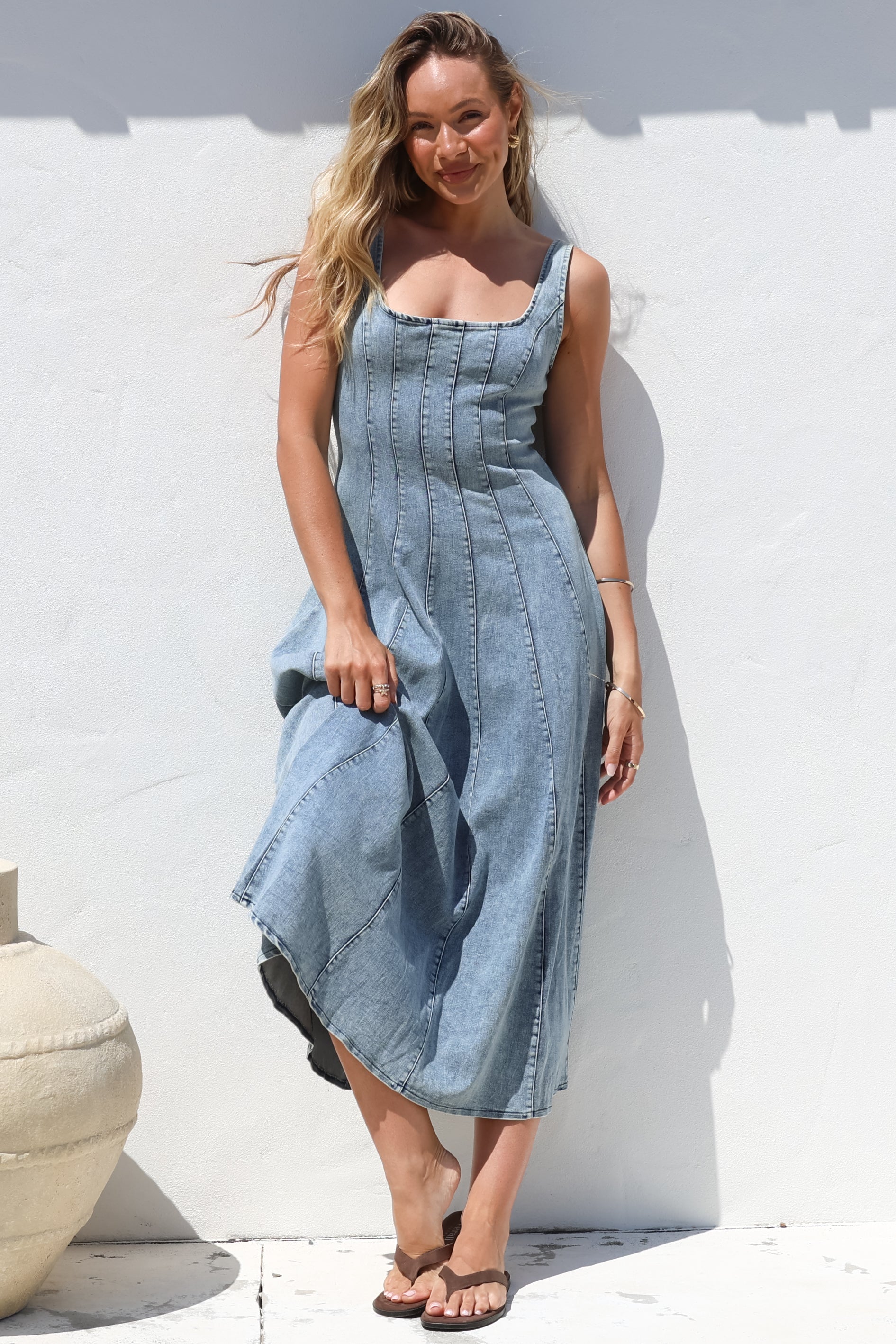 Midi Dress - Adjustable Strap A-Line Denim Sun Dress