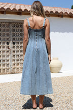 Midi Dress - Adjustable Strap A-Line Denim Sun Dress