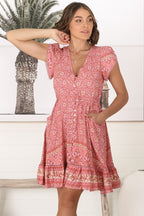 Mini Dress: Butterfly Cap Sleeve Button Down Dress