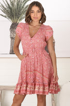 Mini Dress: Butterfly Cap Sleeve Button Down Dress