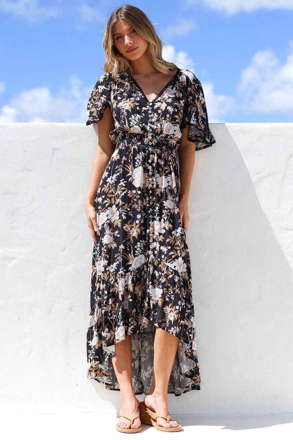 Maxi Dress - Elasticated Waist Button Detail High Low Dress