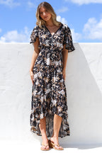 Maxi Dress - Elasticated Waist Button Detail High Low Dress