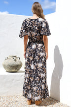 Maxi Dress - Elasticated Waist Button Detail High Low Dress