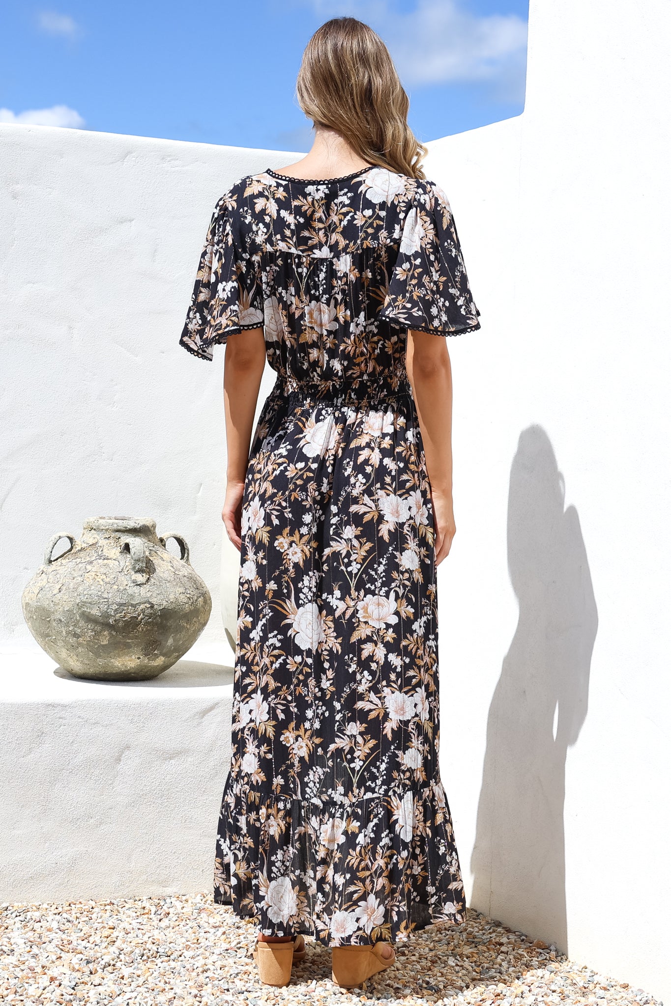 Maxi Dress - Elasticated Waist Button Detail High Low Dress